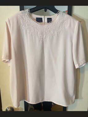 Vintage 80s Laura Scott Blouse Beaded Floral Embroidered Short Sleeve Size